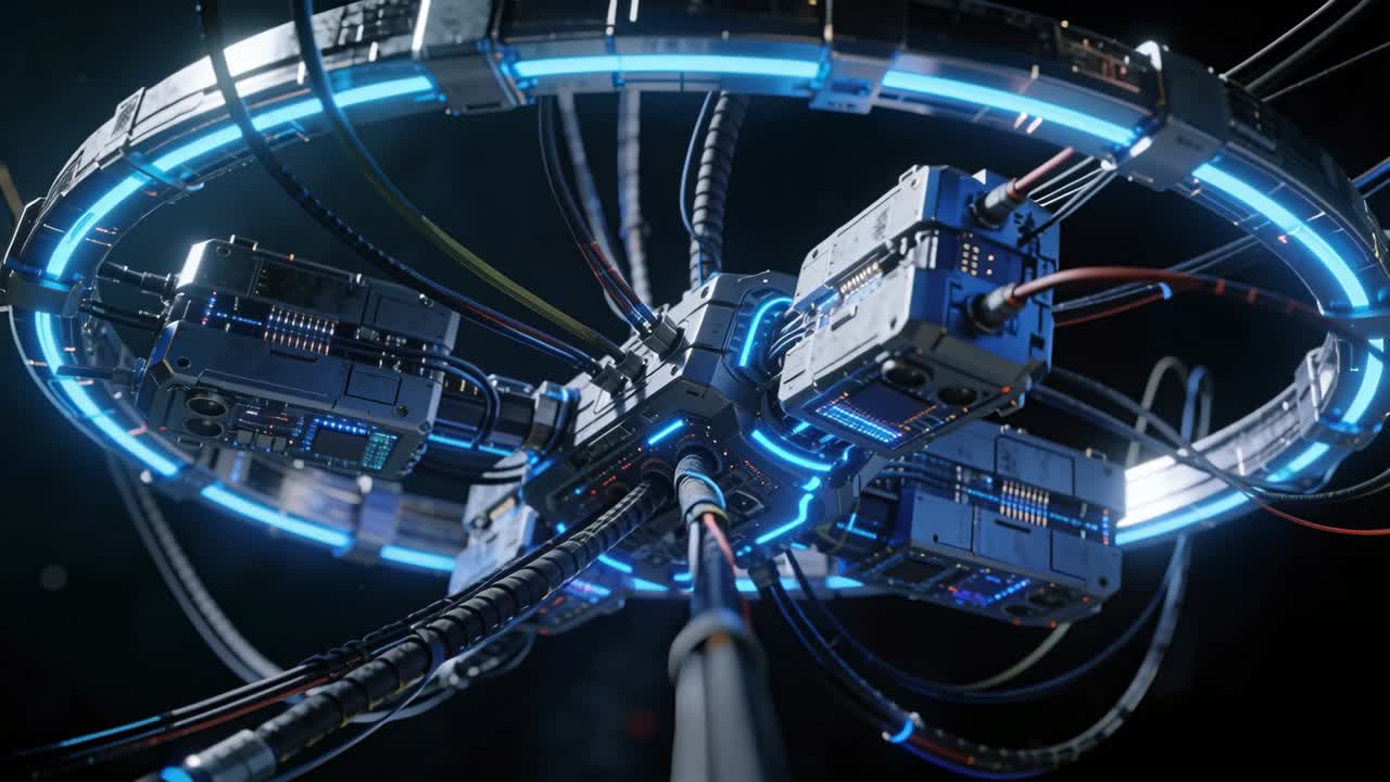 Mechanical assembly powering up, rotating under camera, pulsing LEDs revealing ports for tech demo