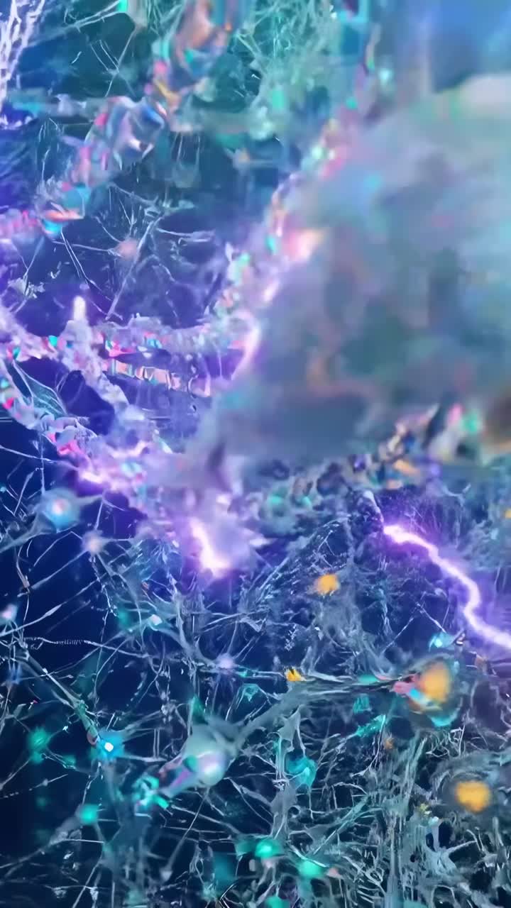 Close-up video of a glowing neuron network, showcasing intricate details and vibrant colors