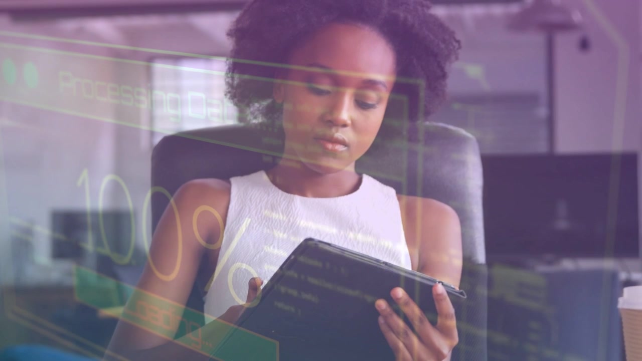 Office pro woman tapping tablet and calling animated finance charts, reviewing data adjusting angle