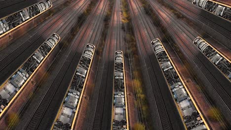 dron sobre el patrón de muchos trenes que pasan por rieles múltiples, vista aérea sobre vías y trenes dinámicos