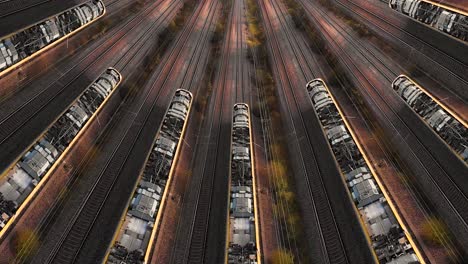 drone above pattern of many trains passing by multiply rails, aerial view above dynamic rails tracks and trains