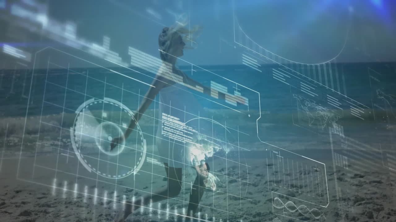 Un'interfaccia digitale che si materializza innesca una donna che cammina sulla spiaggia, passando accanto a ologrammi che mostrano il flusso di dati.