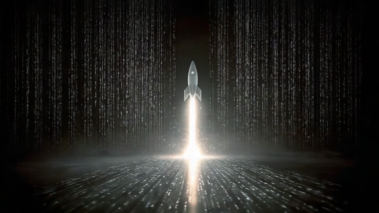 Powerful rocket launching upwards through a dark, abstract space filled with falling digital code, symbolizing technology startup, innovation, and breaking through information barriers