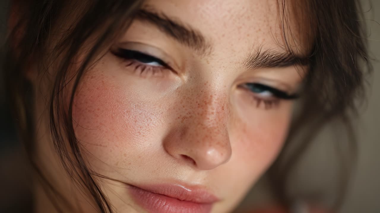 Captivating Close-Up of a Young Woman with Striking Blue Eyes and Natural Freckles Showcasing Flawless Skin and Enticing Expression in Atmospheric Lighting