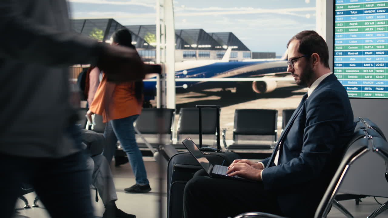 Male entrepreneur waiting for boarding airplane for business trip flight