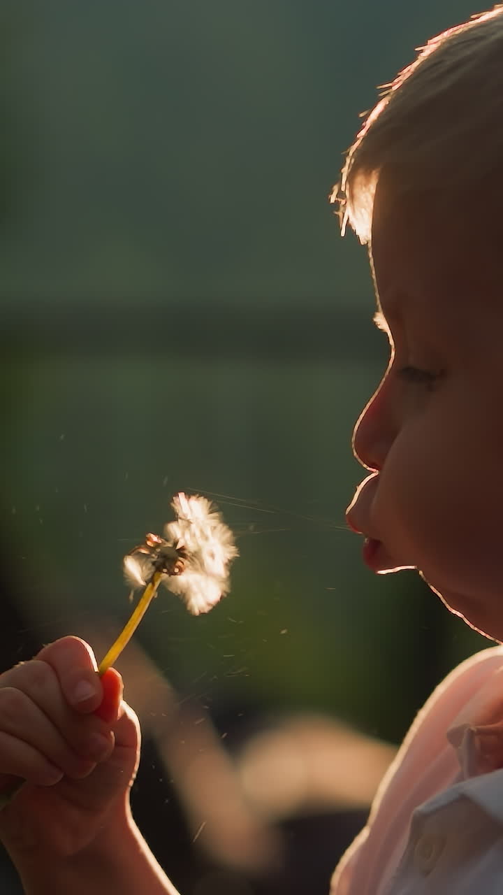 Kid breathes in and blows dandelion in sunset park. Funny little boy opens mouth to fill lungs with air and blow wildflower seeds at rural site
