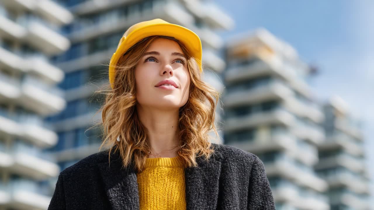 A Joyful Moment: A Young Woman in a Bright Yellow Hat and Sweater Gazes Upward with a Smile Against a Modern Urban Backdrop of Apartment Buildings