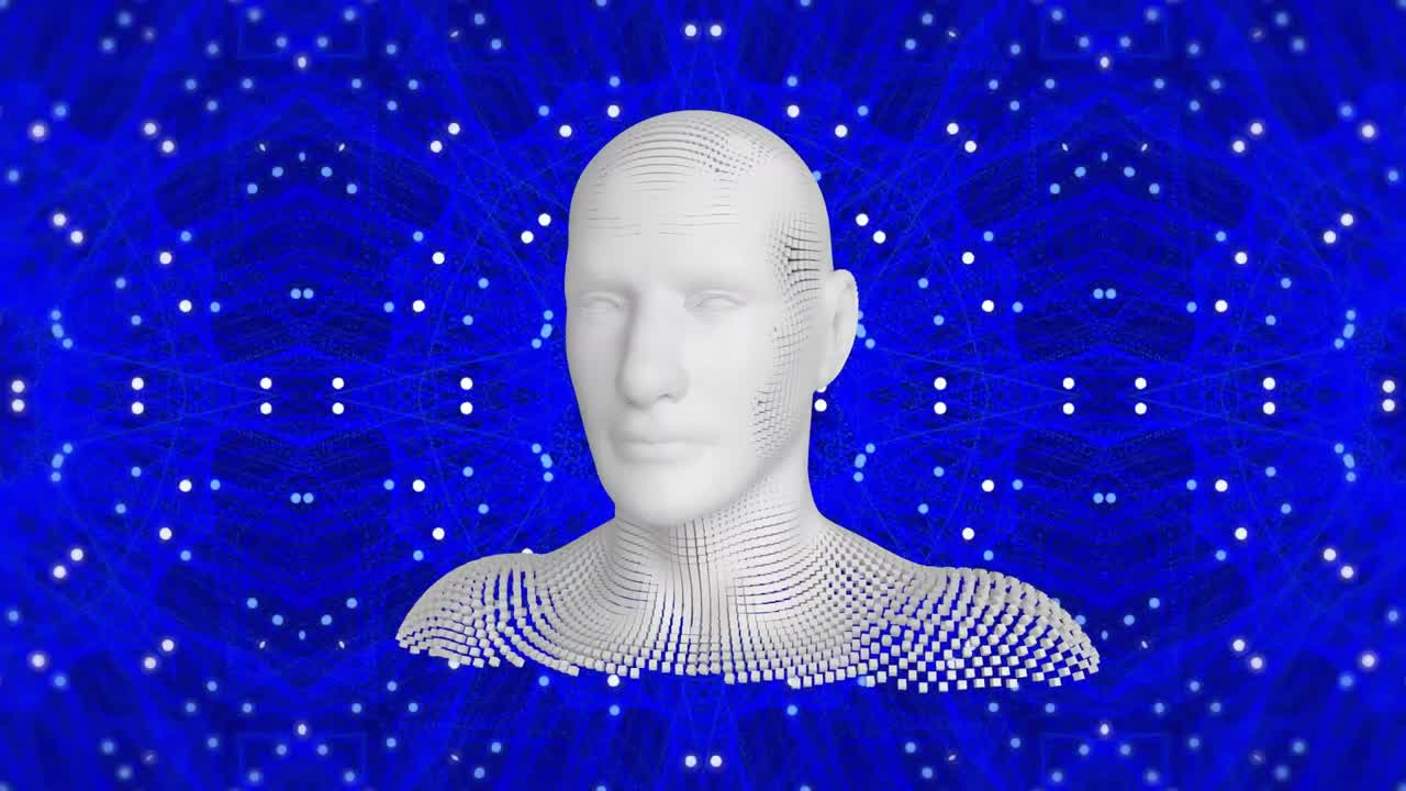 파란색 칼레이도스코프 패턴 배경 위에서 폭발하는 입자로 형성된 인간의 머리의 애니메이션