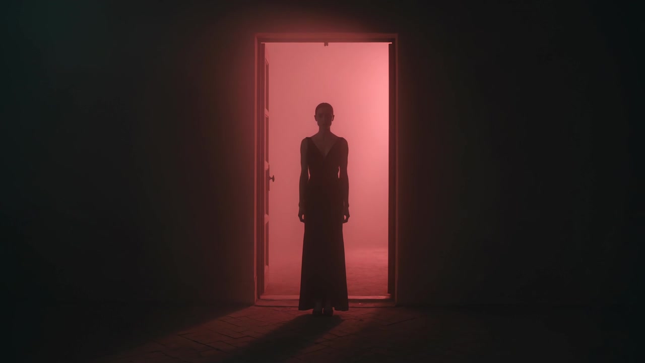 Figura femminile che avanza in un lungo abito, illuminata da una retroilluminazione rosa proveniente dalla porta, che proietta un'ombra.