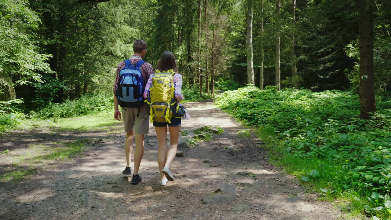 una pareja joven y atractiva está caminando por el bosque haciendo senderismo y un estilo de vida activo