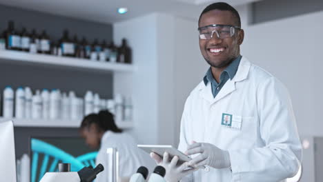 science, research and digital tablet by happy