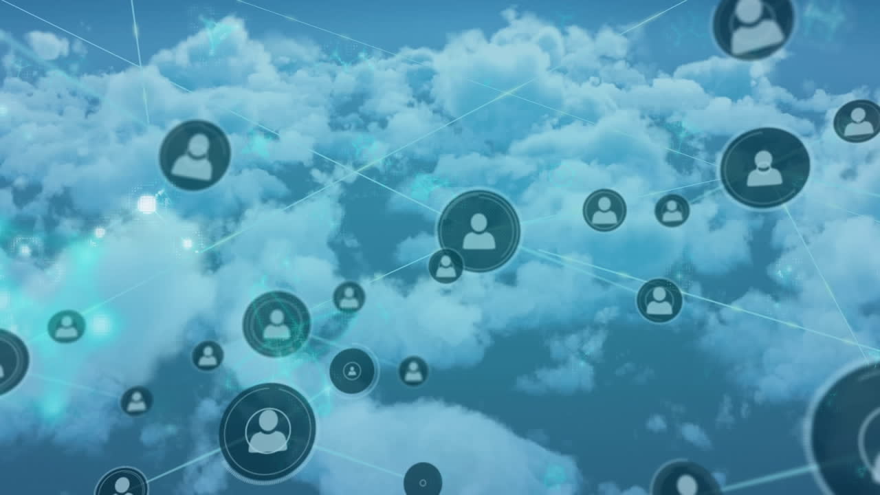 구름진 하늘 위의 아이콘과 연결 네트워크의 애니메이션