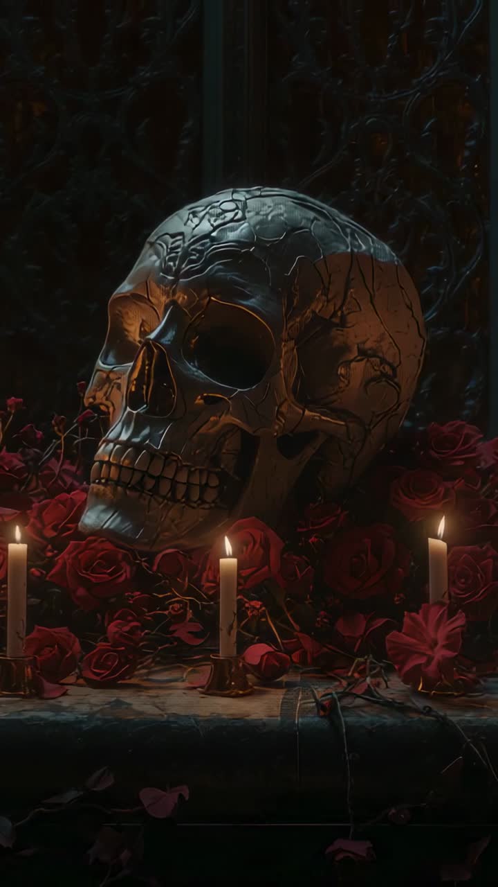Video verticale: candele tremolanti che animano un teschio su un altare, con rose rosse e petali