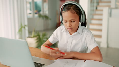 Girl-child,-laptop-and-education-with-headphones