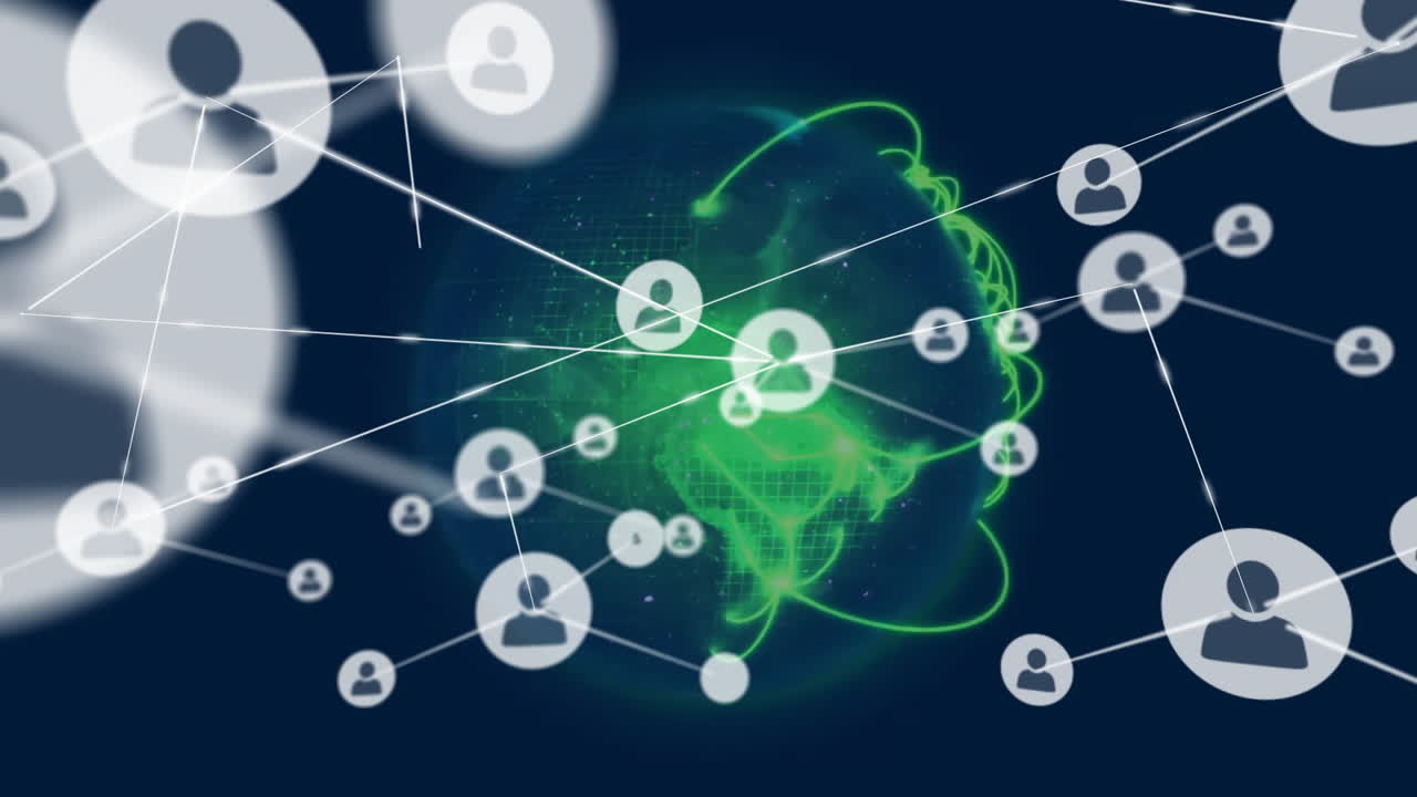 animación de la red de conexiones con iconos en todo el mundo sobre fondo negro