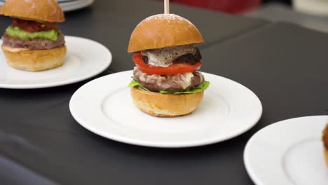 slowmo - mini grilled bbq beef burgers with cheese, tomato and salad