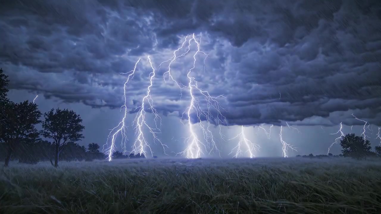 Potenti fulmini su un campo tempestoso di notte
