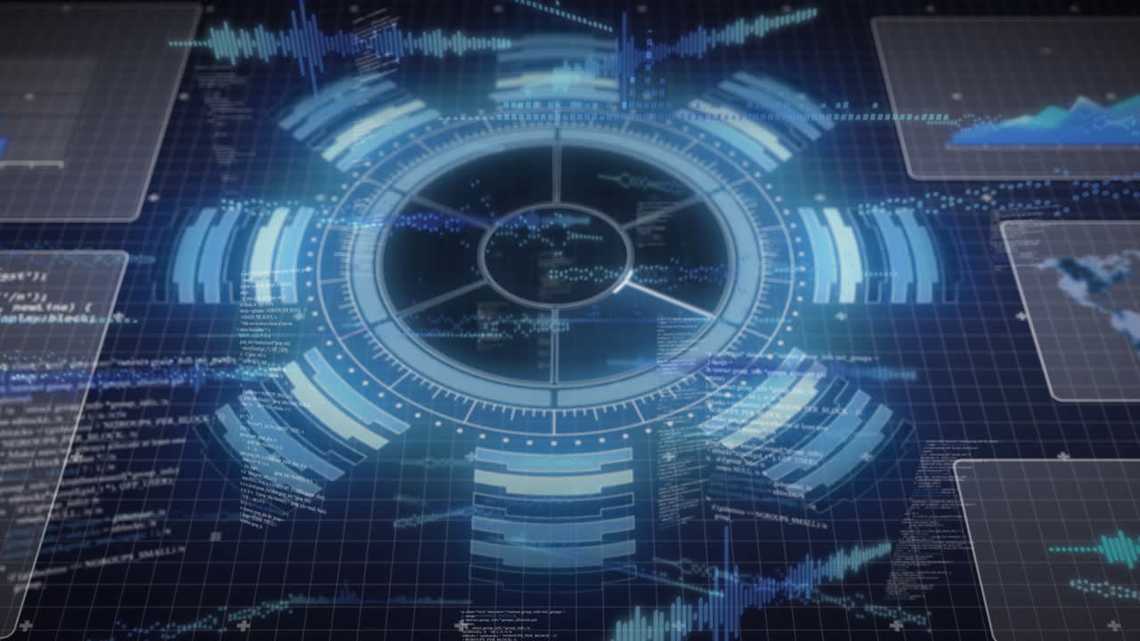 animación del procesamiento de datos y diagramas sobre fondo azul