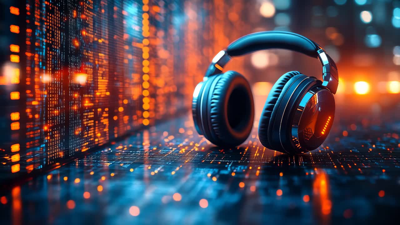 Digital effect headphones. Sleek black headphones rest on a surface lit by vibrant digital patterns, hinting at a tech-inspired setting.
