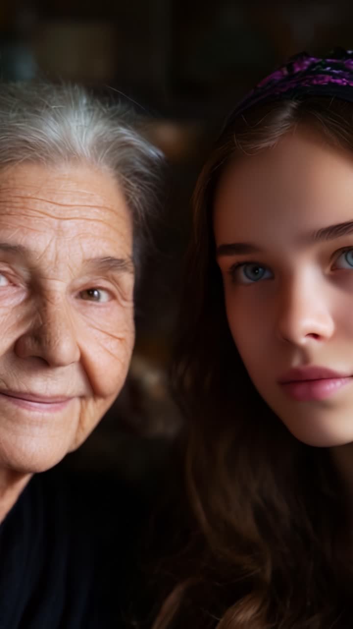 A Heartwarming Portrait of Generational Bonding Between an Elderly Woman and a Young Girl, Emphasizing the Beauty in Their Shared Connection and Emotions