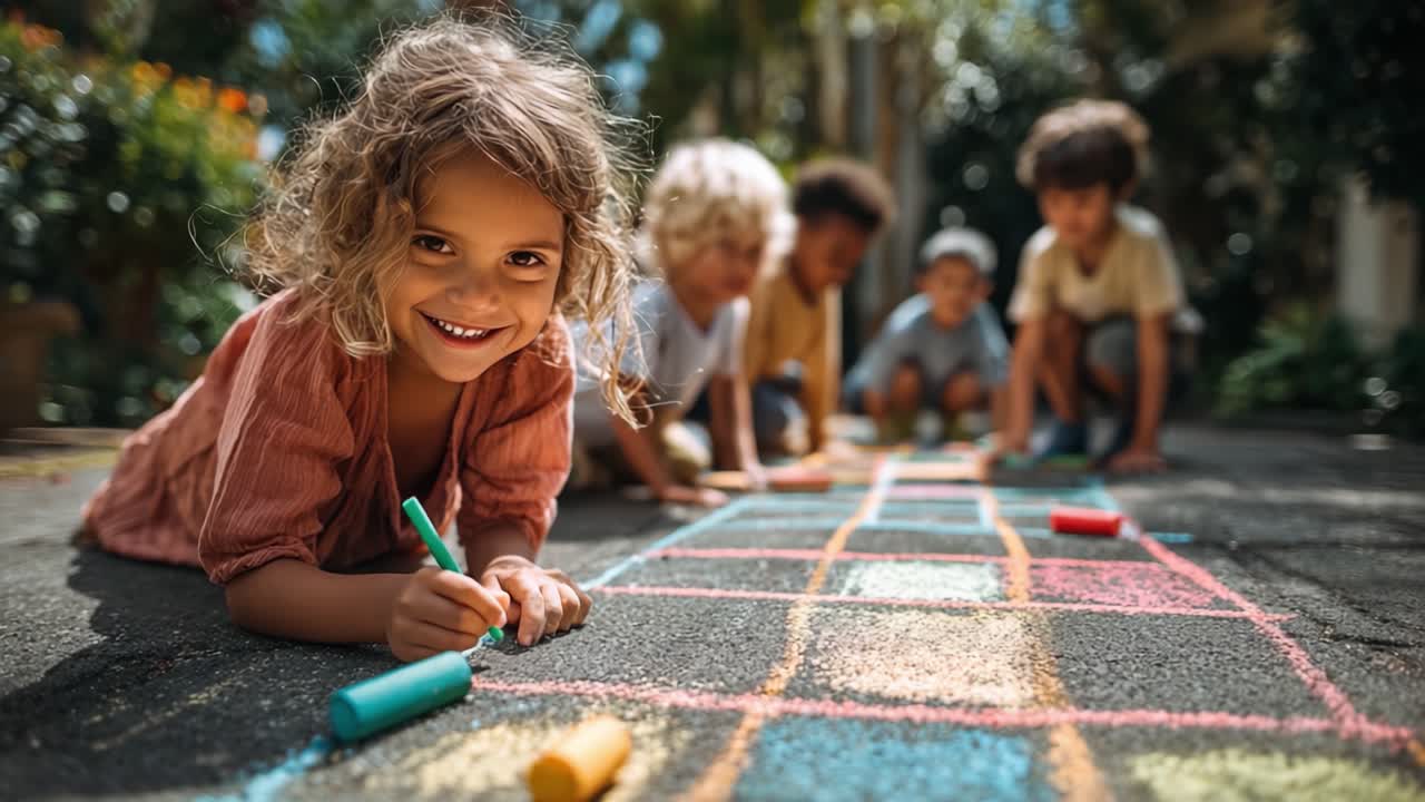 Um Grupo de Crianças Brincando Alegremente com Desenhos de Giz ao Ar Livre, Criando Padrões Coloridos no Chão Enquanto Desfrutam do Tempo de Brincadeira Juntos