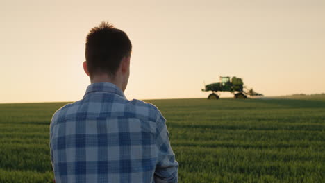 a young male farmer looks at a wheat field where a tractor is working