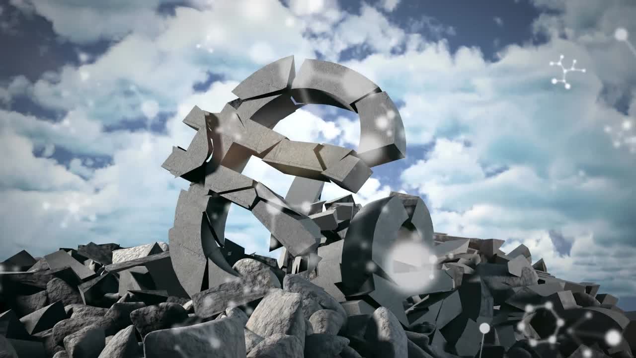 파란 하늘의 구름에 맞춰 부서진 유로 화폐 기호 위에 떠다니는 분자 구조