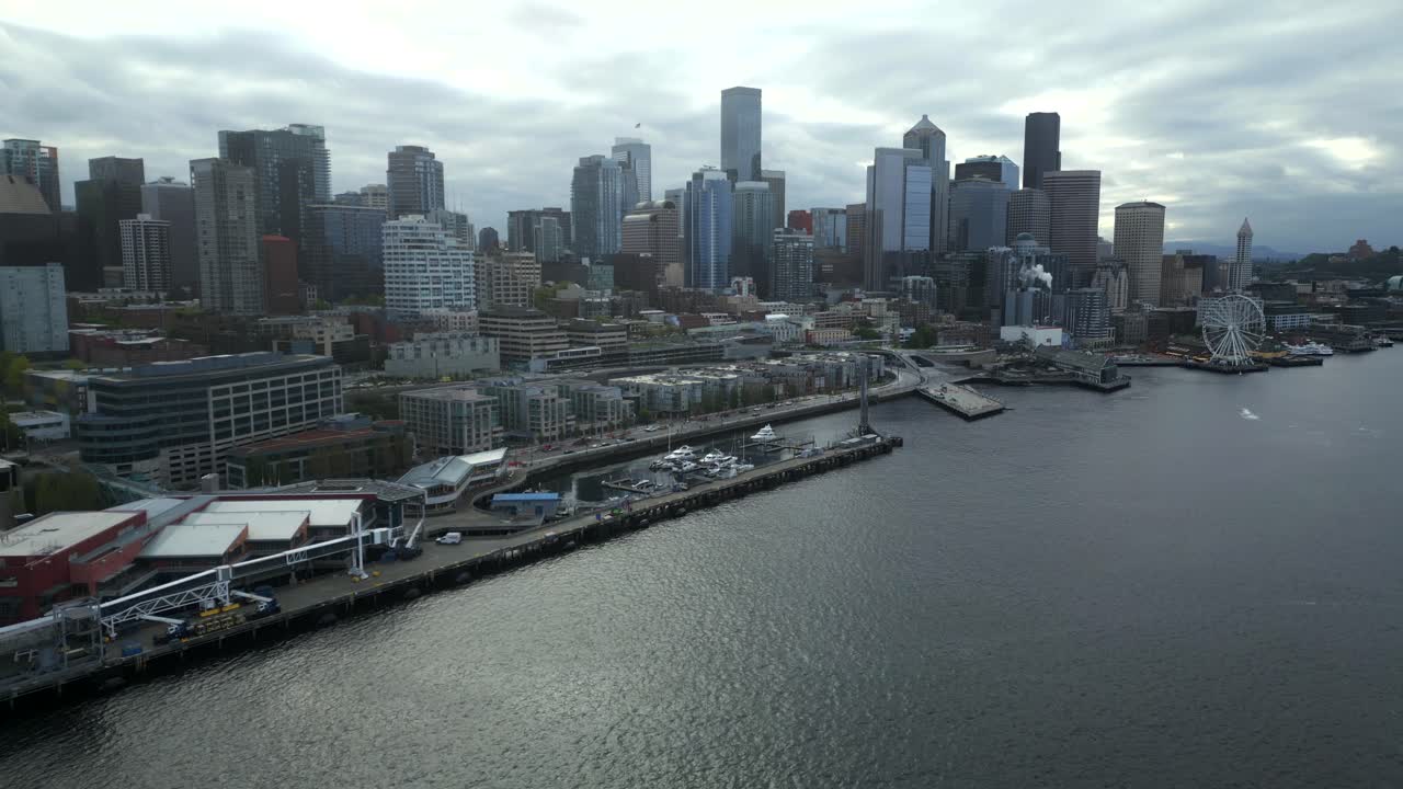 Downtown Seattle Waterfront In Washington, USA - Aerial Drone Shot