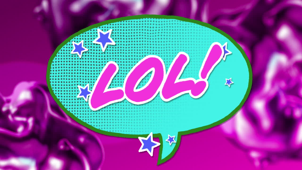animación de texto lol en letras rosadas en burbuja de habla retro sobre un fondo púrpura brillante