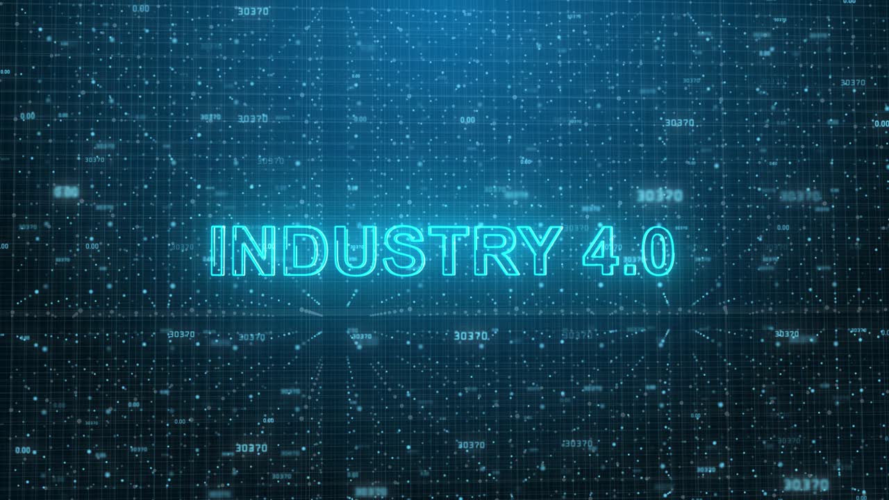 Industry 4.0 Glowing Text on Digital Grid Background