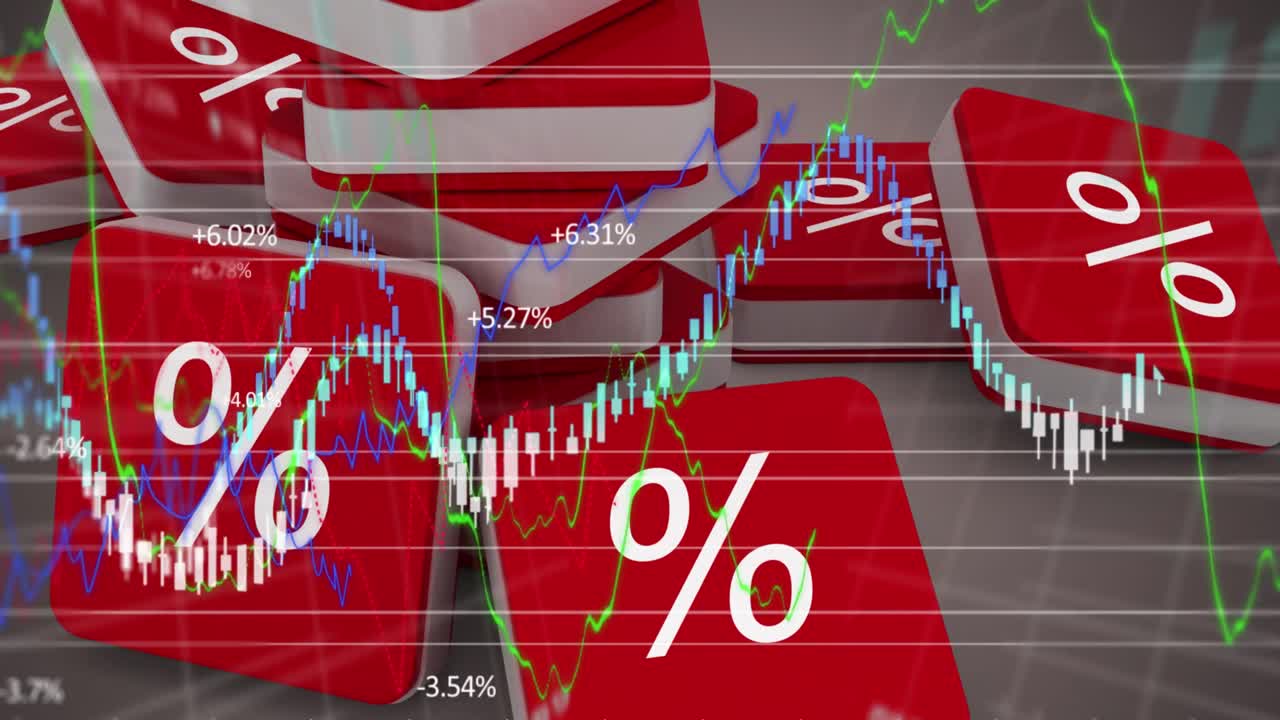 그래프와 통계 위에 퍼센트 기호를 가진 빨간 큐브의 애니메이션