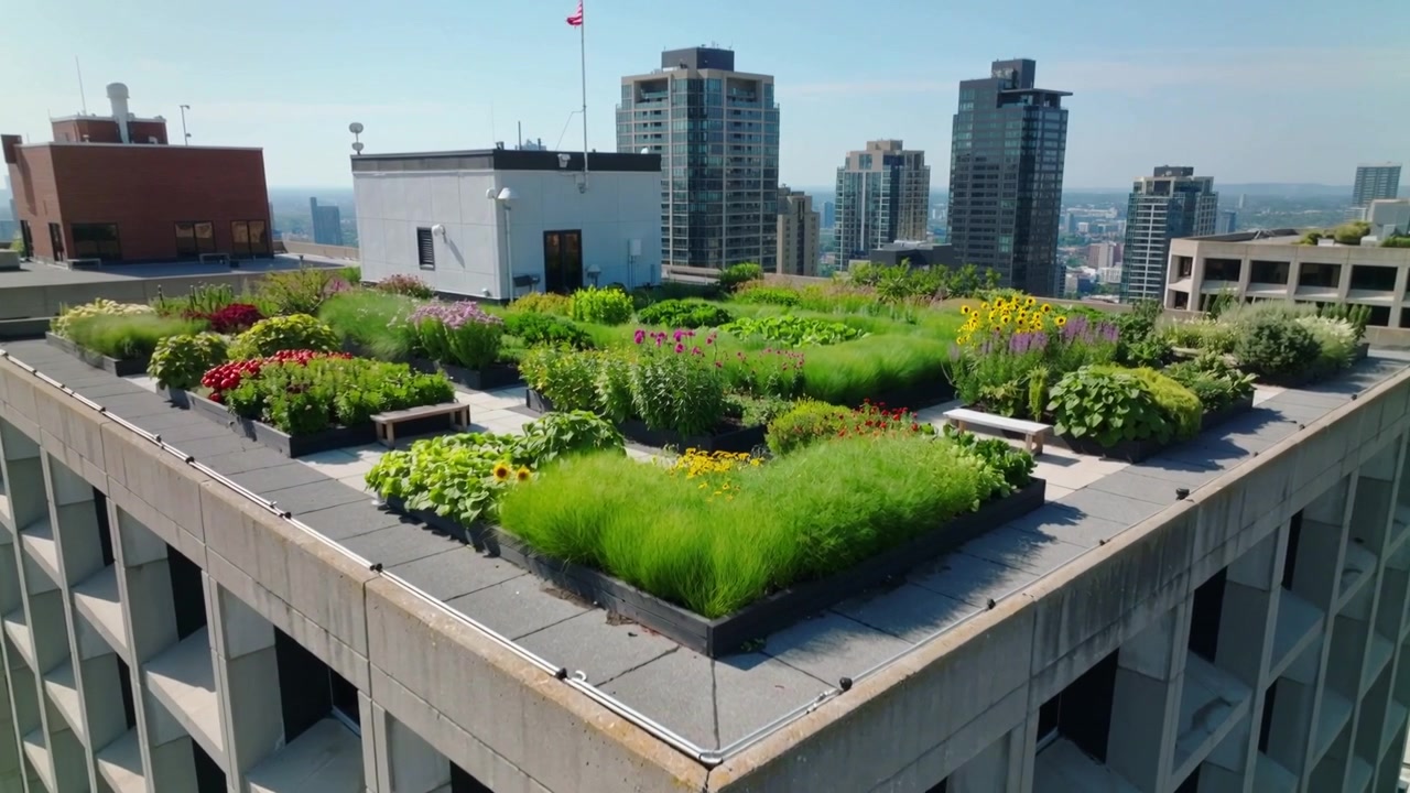 Câmera aérea em movimento panorâmico, após focar na esquina, revelando um jardim no telhado de um edifício no centro da cidade, com floreiras.