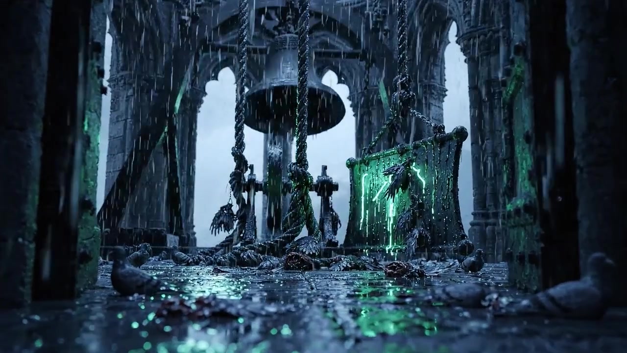 Misterioso Santuario Oscuro: Una scena inquietante si svolge mentre ombre, pioggia e una spettrale luce verde illuminano le rovine abbandonate circondate da piccioni