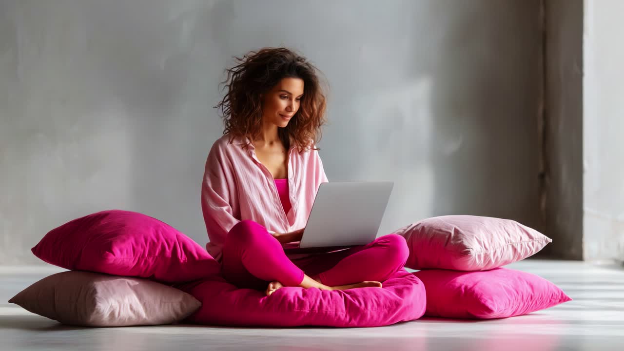 A serene moment of a woman engaged in work or leisure on a laptop, comfortably seated atop vibrant pink pillows in a minimalist, light-filled space designed for relaxation