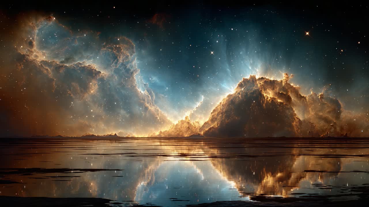 Un paesaggio celeste mozzafiato catturato attraverso gli occhi dell'astronomia, che mostra colori vivaci, nubi cosmiche e acque riflettenti sotto un cielo stellato.