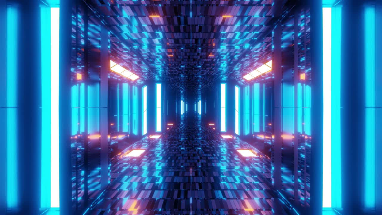 stylish scifi tunnel corridor with reflective bricks texture and glowing lights 3d illustration motion background live wallpaper vj loop