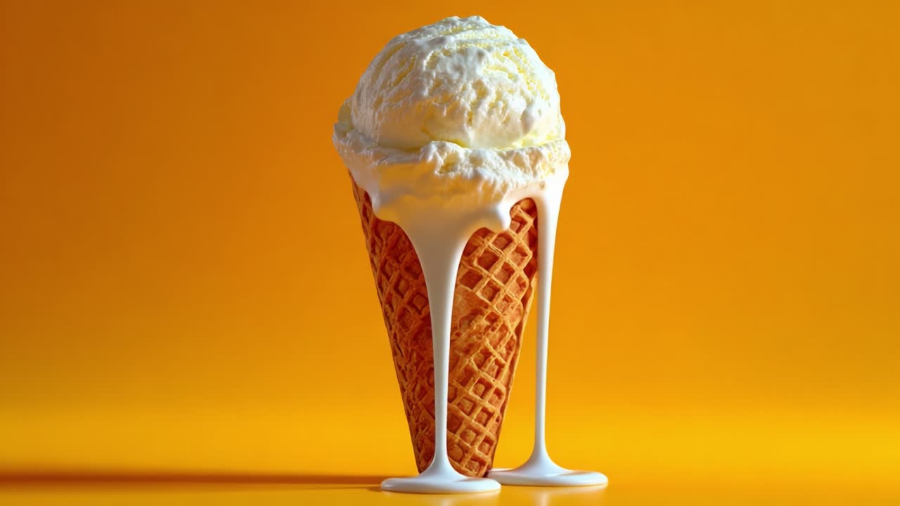 Een Heerlijke Transformatie: Van Perfect Geserveerd IJshoorntje naar Smeltende Verwennerij Tegen een Feloranje Achtergrond