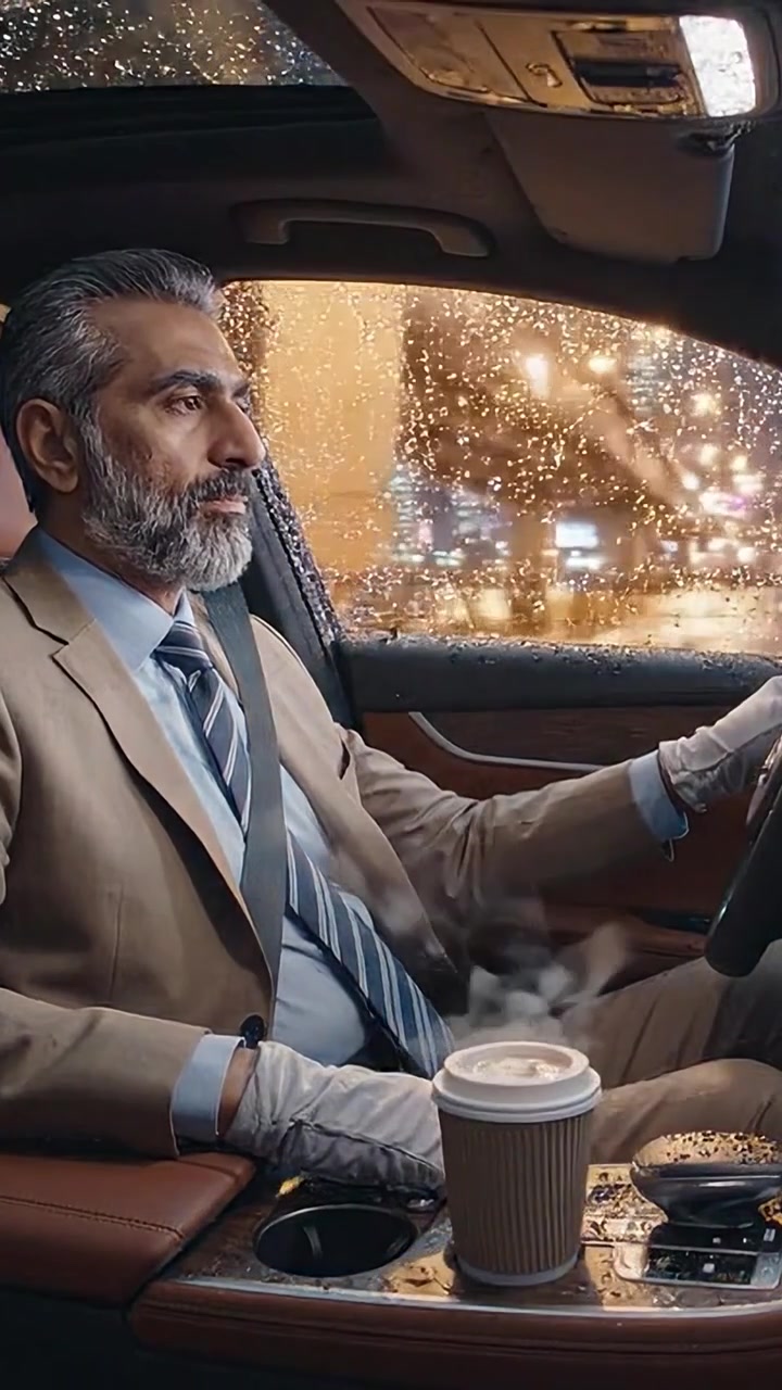 Un uomo d'affari in un'auto elegante guida attraverso una città piovosa, riflettendo un mix di sofisticazione e contemplazione con un caffè caldo sul cruscotto.