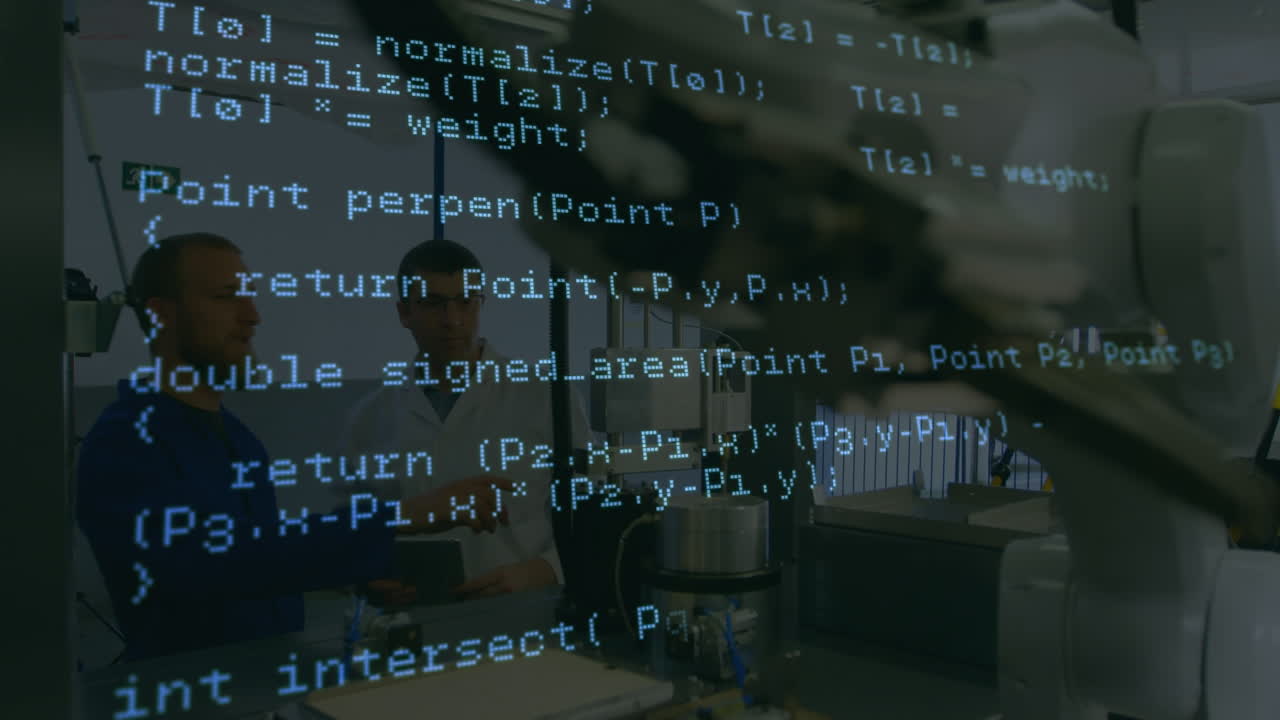 animatie van gegevensverwerking over mannelijke ingenieurs en robot