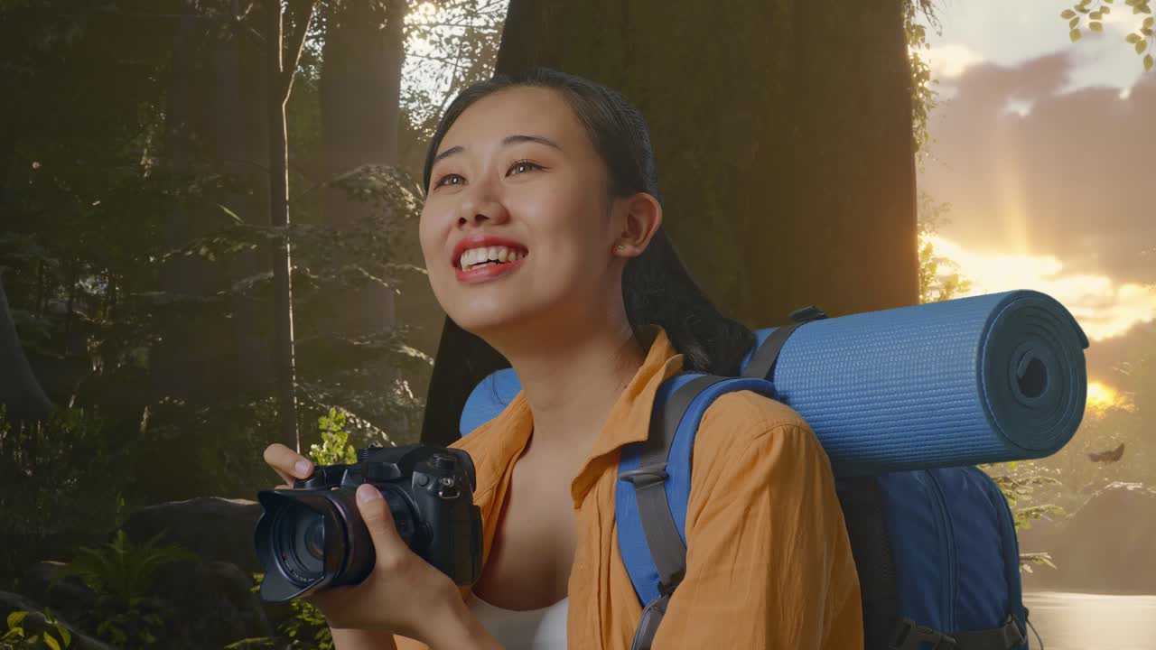 Close Up Side View Of Asian Female Hiker With Mountaineering Backpack Smiling And Holding A Camera In Her Hands Then Looking Around While Exploring Forest Nature
