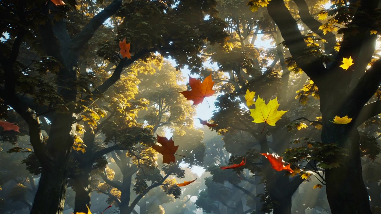 Feuilles d'érable multicolores dérivant et tombant à travers la canopée de la forêt alors qu'une brise se lève, des rayons de soleil perçant.