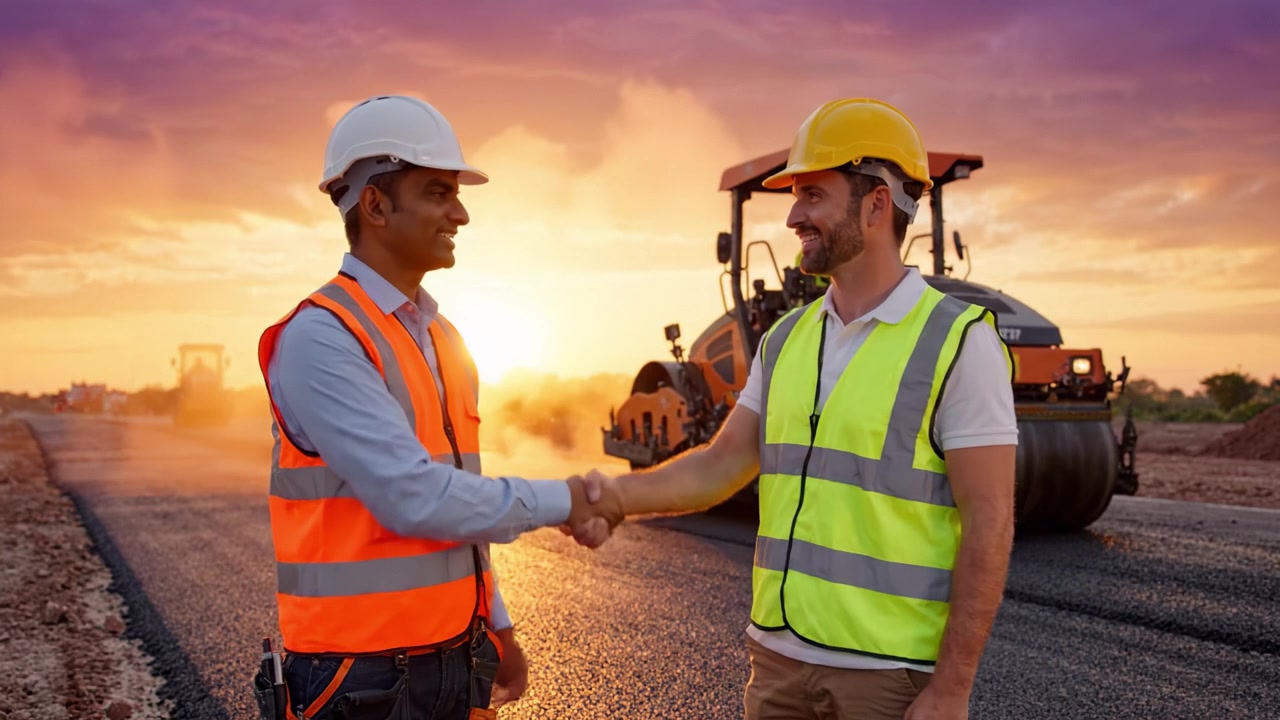 Two Construction Professionals Celebrate Collaboration on Roadwork Project Against a Beautiful Sunset Background