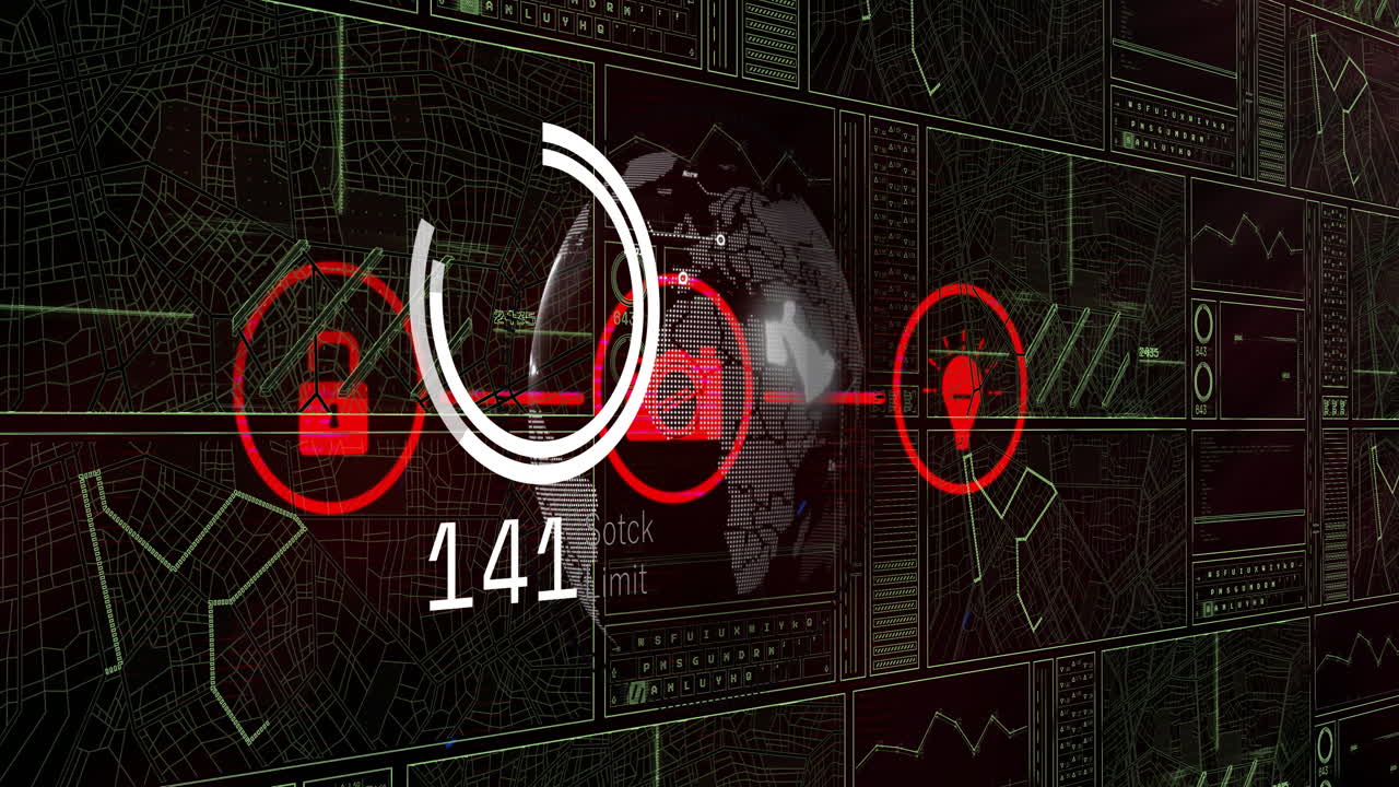 어두운 배경에 연결된 데이터 처리 및 아이콘의 애니메이션