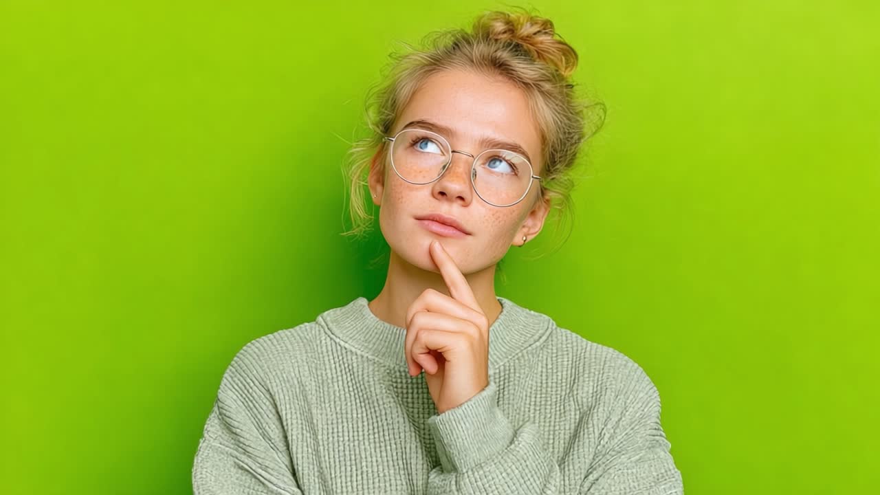 A Pensive Young Woman Contemplating Ideas Against a Bright Green Background, Expressing Thoughtful Curiosity and Reflection in Her Pensive Pose