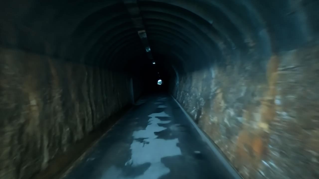 la cámara se desliza a través de un túnel oscuro y húmedo, revelando una luz distante al final, crea una atmósfera misteriosa y espeluznante