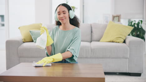 housekeeping, headphones and woman cleaning