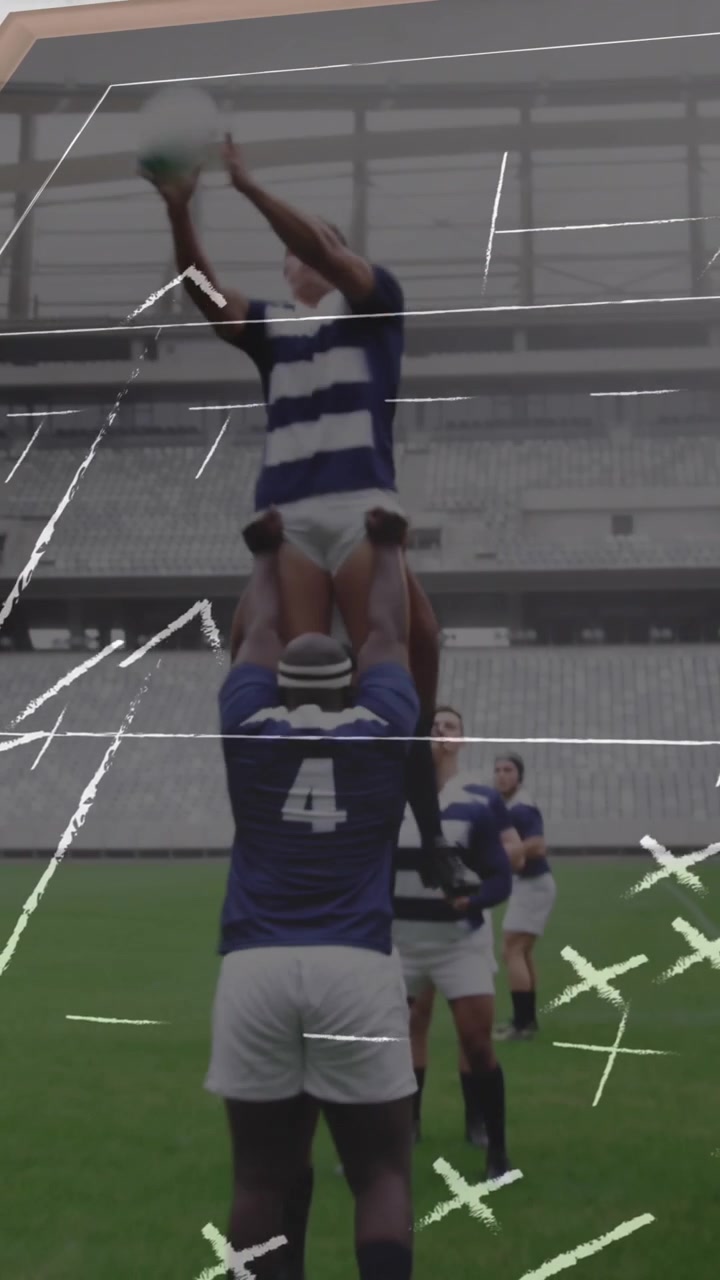 Animación de dibujo de plan de juego sobre diversos jugadores de rugby