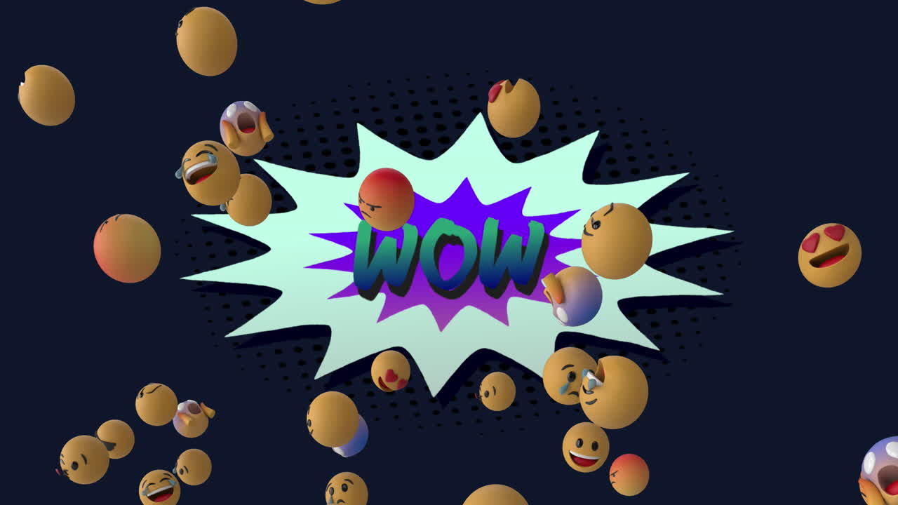 블랙 배경에 와우 텍스트 위에 이모지 아이콘의 애니메이션