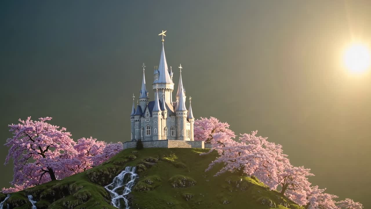 Majestic castle atop a hill with cherry blossoms, captured at sunrise