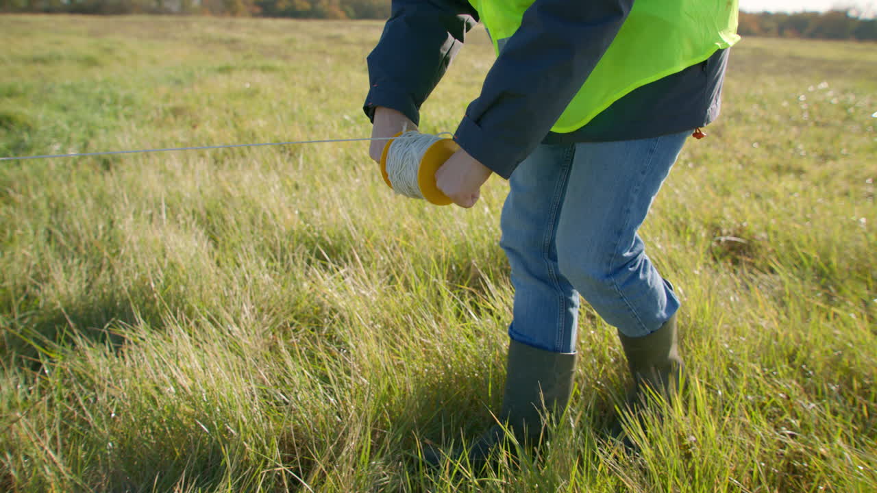 Employee using calibrated rope and plummet to estimate project land size